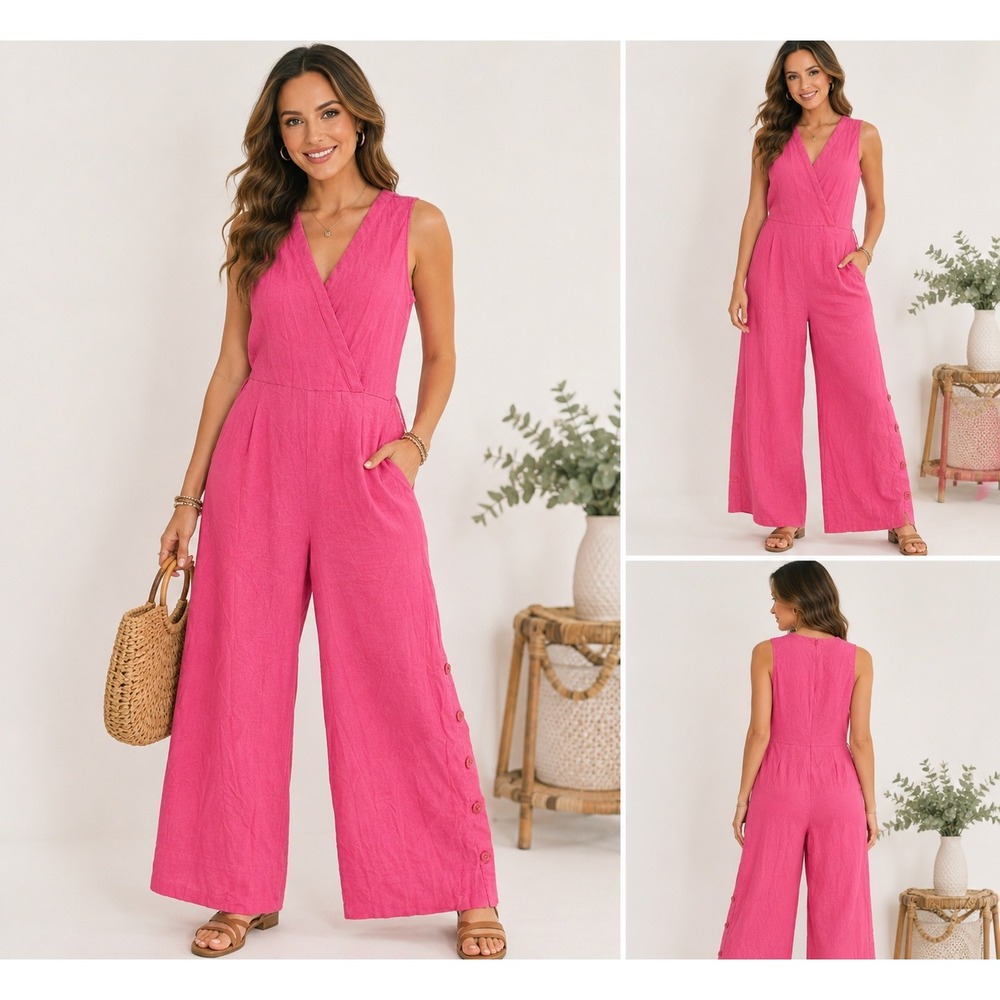 NY& Co Pink Linen Blend Jumpsuit Cropped Wide Leg Button Hem M Quiet Luxury Chic